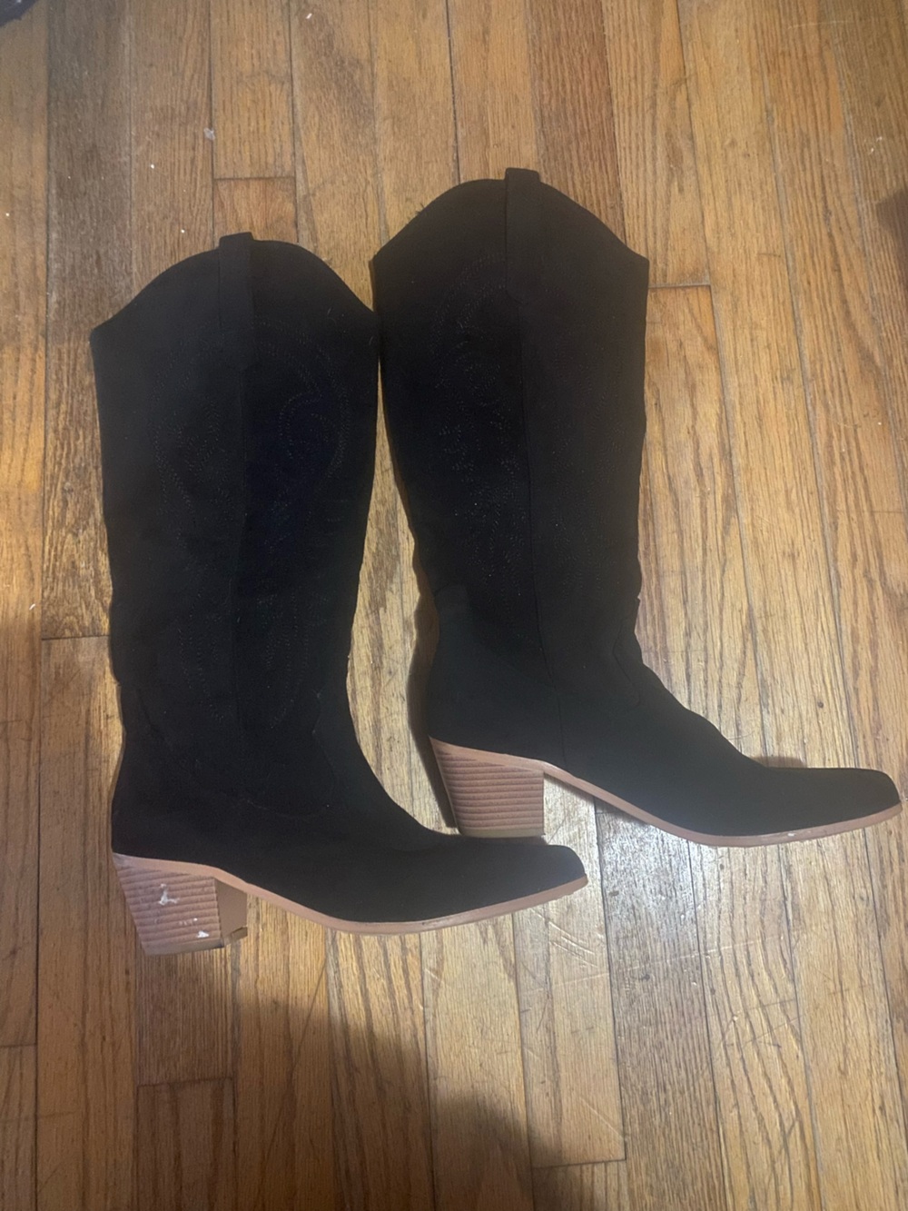 Classic Black mid Suede Boots with Stacked Heel